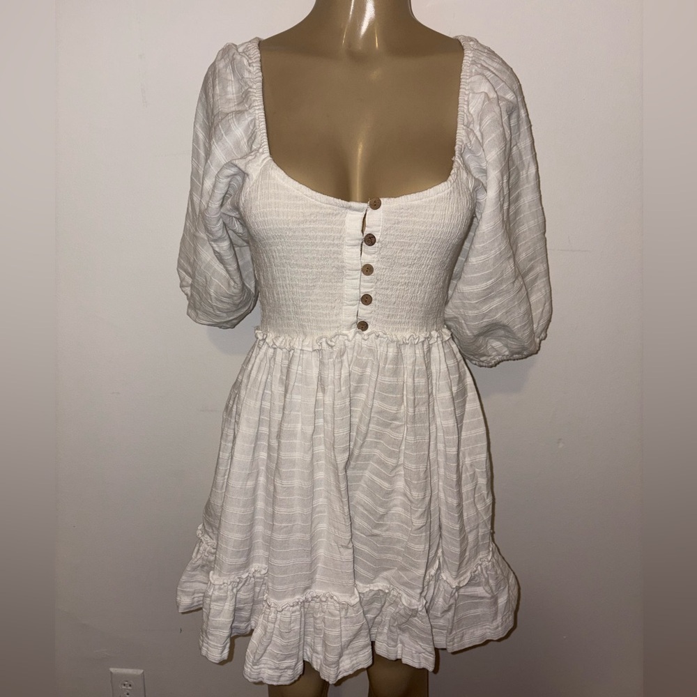 Free People Peasant Boho White Balloon Sleeves Short Dress Size XS